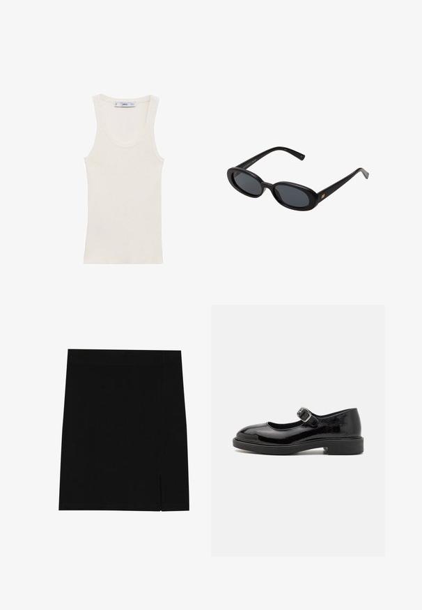 Cappotto beige con design a un bottone, maniche lunghe e vita con cintura. Presenta uno spacco posteriore e un colletto classico. Texture liscia.; Canotta a costine di colore bianco sporco, caratterizzata da scollatura a girocollo, design senza maniche e silhouette aderente. Realizzata in tessuto leggero.; Gonna nera mini realizzata in tessuto morbido con un design aderente, caratterizzata da una leggera apertura sul lato per un tocco di stile in più.; Scarpa Mary Jane in vernice nera con punta tonda, cinturino regolabile con fibbia, tacco a blocco basso e finitura liscia e lucida.; Occhiali da sole neri oversize con lenti ovali, montatura in plastica liscia e accenti dorati sulle tempie. Le lenti scure offrono protezione dal sole.