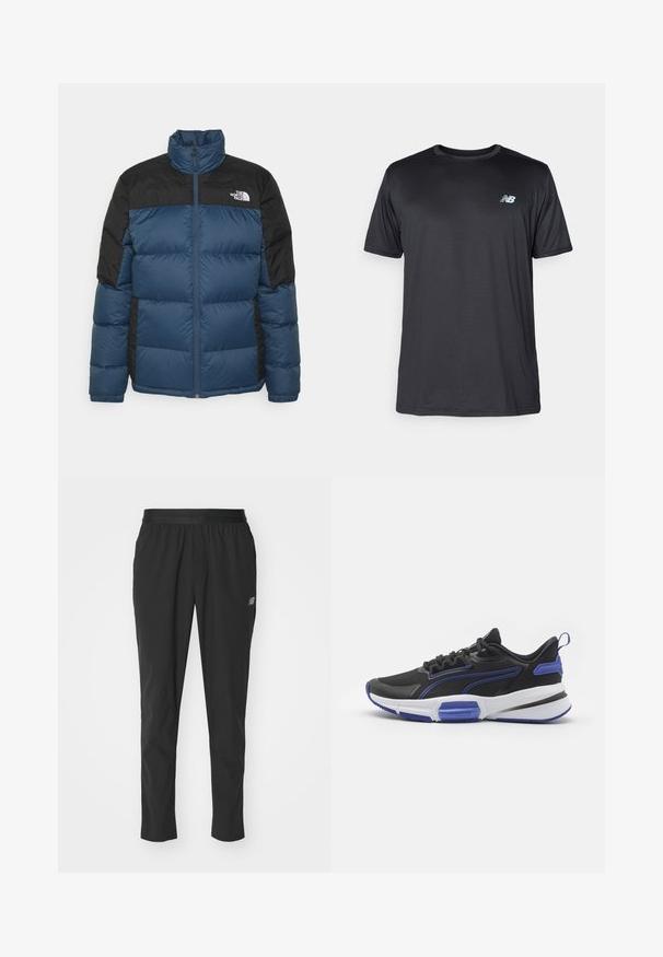 Gepolsterte Jacke mit blauem Oberteil, schwarzen Schultern, hohem Kragen und Reißverschluss. Strukturierter Stoff mit Logo auf der Brust.; New Balance Sport T-Shirt - black; Schwarze Sporthosen aus leichtem Material mit elastischem Bund, schmalem Schnitt und dezentem Logodetail an der Seite.; Schwarze Sportschuhe mit blauen Akzenten, ausgestattet mit einem strukturierten Obermaterial, einer gepolsterten weißen Zwischensohle und einer verstärkten Ferse für zusätzlichen Halt.