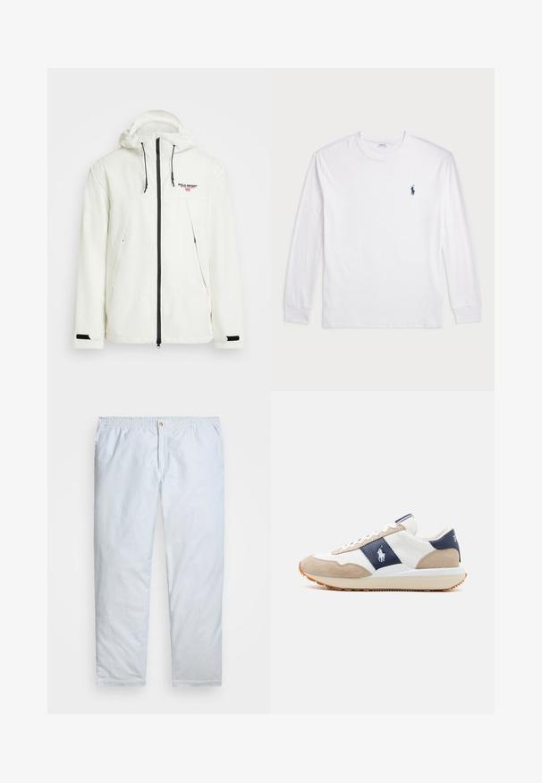 Polo Ralph Lauren POLO SPORT HOODED JACKET UNISEX - Sommerjakke - deckwash white; Hvit langermet T-skjorte laget av bomull. Har rund hals, ribbestrikkede mansjetter, og en liten marineblå polo-logo på venstre bryst.; Lys blå stripete bukser laget av lett stoff. Har elastisk midje med knappelukking og rette ben.; Herresneakers med overdel i hvitt lær, detaljer i marineblå og beige semsket skinn, flat snøring og off-white gummisåle.