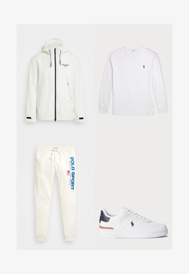Polo Ralph Lauren UNISEX biały; Biały t-shirt z długim rękawem wykonany z bawełny. Posiada okrągły dekolt, ściągacze przy mankietach oraz małe granatowe logo polo na lewej piersi.; Kremowe spodnie dresowe z elastycznym pasem i sznurkiem, z niebieskim napisem "POLO SPORT" oraz małą grafiką amerykańskiej flagi na lewej nodze.; Białe tenisówki z teksturowaną skórzaną cholewką, granatowym akcentem na pięcie, perforowanym noskiem i pomarańczowym detalem na śródpodeszwie. Zawierają logo z boku.
