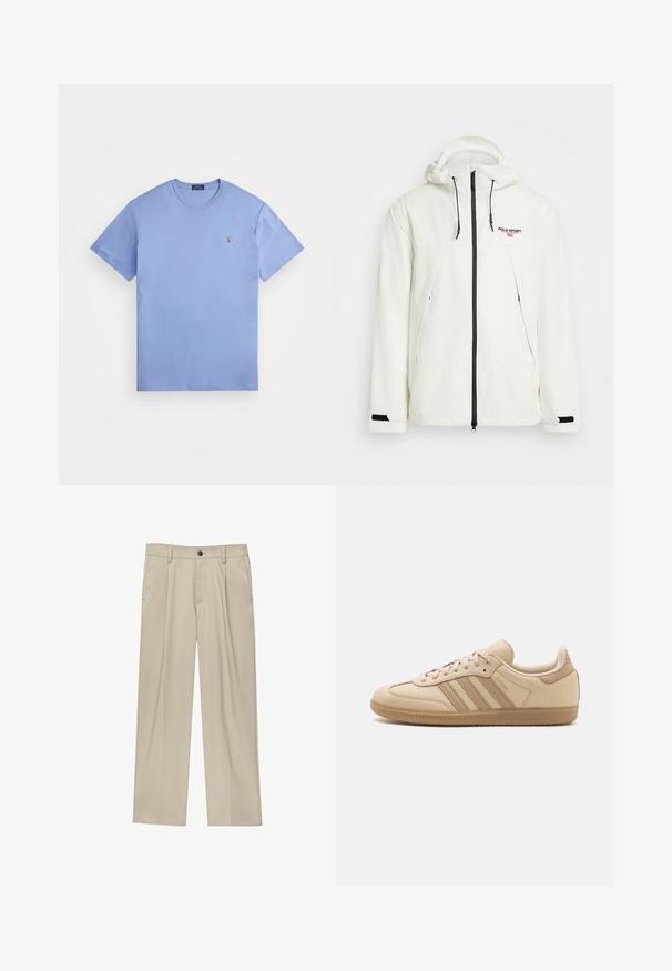 Polo Ralph Lauren POLO SPORT HOODED JACKET UNISEX - Nyári dzseki - deckwash white; Világoskék pamut póló rövid ujjakkal, kerek nyakkivágással és egy kis hímzett logóval a bal mellen. Sima textúra és klasszikus szabás.; Beige egyenes szárú nadrág, egy fekete gombbal, övhurkokkal és oldalzsebekkel. Sima szövettextúra és minimális design.; Beige bőr sportcipők három vízszintes csíkkal, kerek orral, lapos barna gumitalppal és puha szövetbéléssel a nyakon és a nyelvén.
