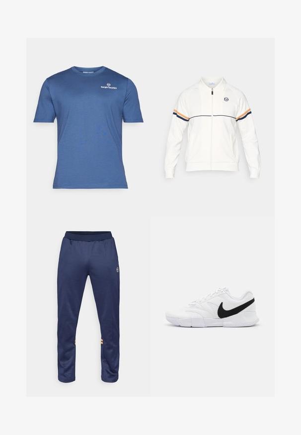 Balta užtrauktuku užsegama striukė iš švelnios medžiagos, turi apykaklę, siuvinėtą logotipą ir dvi horizontalias juostas tamsiai mėlyna ir oranžine spalva ant rankovių.; Mėlyna trumpomis rankovėmis marškinėliai, pagaminti iš lygaus audinio. Turima apvaliai iškirpti kaklą ir mažą baltą logotipą kairėje viršutinėje pusėje.; Tamsiai mėlynos sportinės kelnės su elastinga juostos, dvi šoninės juostelės oranžinės spalvos apatinių kojų dalyje ir logotipas viršutiniame dešiniajame šlaunyje.; Baltos sportinės bateliai su tekstūruotu viršumi, juodu Nike logotipu, paminkštintu apvadu ir tvirtu guminio pado su raštuotu protektoriumi.