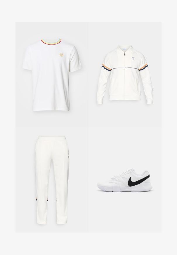 Jachetă albă cu fermoar din material moale, având guler, logo brodat și dublu stripe orizontal în nuanțe de bleumarin și portocalie pe mâneci.; Tricou alb din bumbac cu guler rib plat, având trimuri roșii, verzi și albastre. Mic logo brodat în aur pe partea stângă a pieptului. Croi clasic.; Pantaloni de jogging albi dintr-un material moale, cu buzunare laterale și dungi colorate la gleznă cu accente portocalii și albastre.; Pantofi sport albi cu un superior texturat, swoosh negru Nike, guler căptușit și o talpă din cauciuc solidă cu un model de profil.