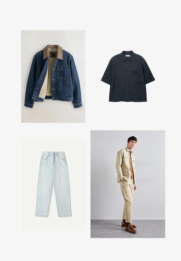 Džínová bunda s hnedým kordovým golierom, krémovou fleecovou podšívkou, predným zapínaním na gombíky a dvomi náprsními vreckami. Posilnené švy.; Tmavomodrá košeľa s krátkym rukávom a gombíkmi vyrobená z ľahkej látky, s náprsníkovou kapsou a klasickým dizajnom goliera.; Svetlo modré džínsy s uvoľneným strihom, rovnými nohavicami, piatimi vreckami a jemným vyblednutím látky.; Béžová bavlnená bunda s dvoma náprsnými vreckami nosená nad hnedou košeľou a zodpovedajúcimi béžovými nohavicami. Hnedé kožené členkové čižmy dopĺňajú celý outfit.