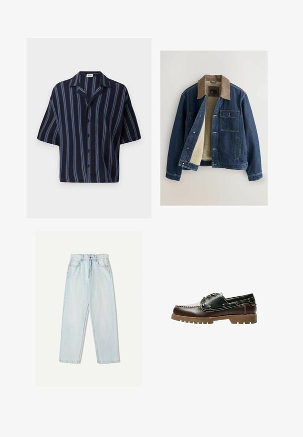 Giacca di jeans con colletto in corduroy marrone, fodera in pile crema, chiusura con bottoni frontale e due tasche sul petto. Dettaglio di cuciture rinforzate.; Camicia a maniche corte con bottoni, caratterizzata da uno sfondo blu navy con righe verticali azzurro chiaro e un design di colletto classico.; Jeans in denim azzurro chiaro con una vestibilità comoda, design a gamba dritta, stile a cinque tasche e leggere sfumature sul tessuto.; Scarpe da barca in pelle marrone e verde con un design cucito bianco, lacci tondi e una suola in gomma testurizzata. Costruzione resistente con occhielli in metallo.