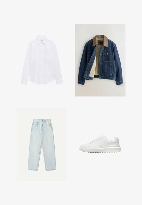 Jeansjacke mit heller Cordkragen, cremigem Fleece-Futter, Frontknopfverschluss und zwei Brusttaschen. Verstärkter Nähdetail.; Weißes Langarmshirt aus Baumwollstoff. Mit spitzem Kragen, Knopfverschluss und einfachen Manschetten. Minimalistisches Design ohne Muster.; Helle blaue Denim-Jeans mit lässiger Passform, geradem Beindesign, Fünf-Taschen-Stil und dezentem Verblassen des Stoffes.; Weißer Sneaker mit einem glatten synthetischen Obermaterial, runder Spitze, flachen Schnürsenkeln, strukturiertem Sohlen und einem geschichteten, Plattform-Design für zusätzlichen Halt.
