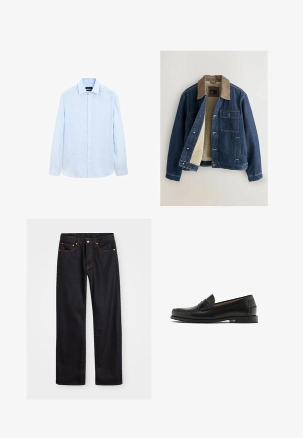Denimjakke med en brun kordfløjelkrave, cremefarvet fleecefor, frontknaplukning og to brystlommer. Forstærket syning.; Lys blå langærmet skjorte med knapper lavet af tekstureret stof; har en klassisk krave og knaplukning, med en let afslappet pasform.; Mænds lige ben sorte denim jeans med fem lommer og orange syninger, knap- og lynlåslukning foran på taljen.; Sorte læder loafers med synligt detaljearbejde, rund tå og en lille blokhæl. Glat overflade med minimalistisk design og slip-on stil.