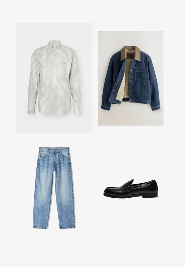 Jeansjacket met een bruine corduroy kraag, ivoorkleurige fleece voering, sluiting met knopen aan de voorkant en twee borstzakken. Versterkte stikseldetails.; Groen en wit geruite overhemden met lange mouwen, knoopsluiting en een klein geborduurd logo op de borstzak en een button-down kraag.; Lichtblauwe denim jeans met een losse pasvorm, recht gesneden pijpen, vijf zakken en een vervaagde textuur. Voorzien van een knoop- en ritssluiting aan de voorkant.; Zwarte leren loafers met een gladde afwerking, voorzien van stiksel op de voorkant en een lage, stevige zwarte rubberen zool.