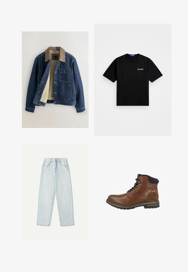 Giacca di jeans con colletto in corduroy marrone, fodera in pile crema, chiusura con bottoni frontale e due tasche sul petto. Dettaglio di cuciture rinforzate.; T-shirt in cotone nero con scollo rotondo e maniche corte. Caratterizzato dal logo "POLO SPORT" in bianco sul lato sinistro del petto. Vestibilità standard.; Jeans in denim azzurro chiaro con una vestibilità comoda, design a gamba dritta, stile a cinque tasche e leggere sfumature sul tessuto.; Stivale ankle in pelle marrone con un accento in suede, colletto in tessuto, lacci e suola in gomma con un motivo a battistrada per una migliore aderenza.