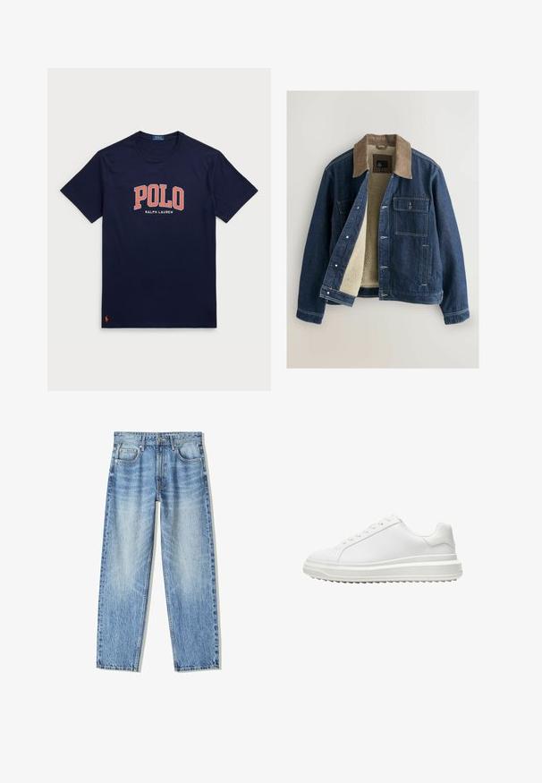 Denim jacket with a brown corduroy collar, cream fleece lining, front button closure, and two chest pockets. Reinforced stitching detail.; Navy blue cotton t-shirt with short sleeves, featuring a large white and orange "POLO" logo and "RALPH LAUREN" text beneath.; Light blue denim jeans with a loose fit, straight leg design, five pockets, and faded texture. Includes a front button and zipper closure.; White sneaker with a smooth synthetic upper, round toe, flat laces, textured sole, and a layered, platform design for added height.