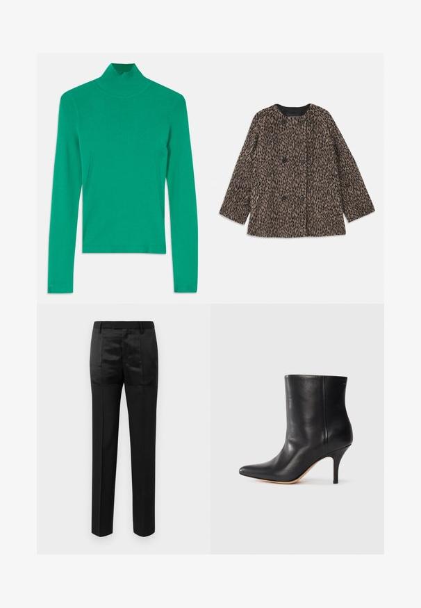 Panterprint jas met een dubbelgeknoopt ontwerp, zwarte knopen en een ronde halslijn. Gemaakt van een gestructureerde stof met lange mouwen.; Groene coltrui van ribgebreid materiaal, met lange mouwen en subtiele zijnaaddetails voor een slanke, aansluitende look.; Zwarte op maat gemaakte broek met rechte pijpen en een tailleband met riemlussen, voorzien van een mix van matte en glanzende stofpanelen.; Zwarte leren enkelboot met puntige neus, slanke stilettohak en een gladde textuur. Minimalistisch ontwerp zonder zichtbare hardware of accenten.