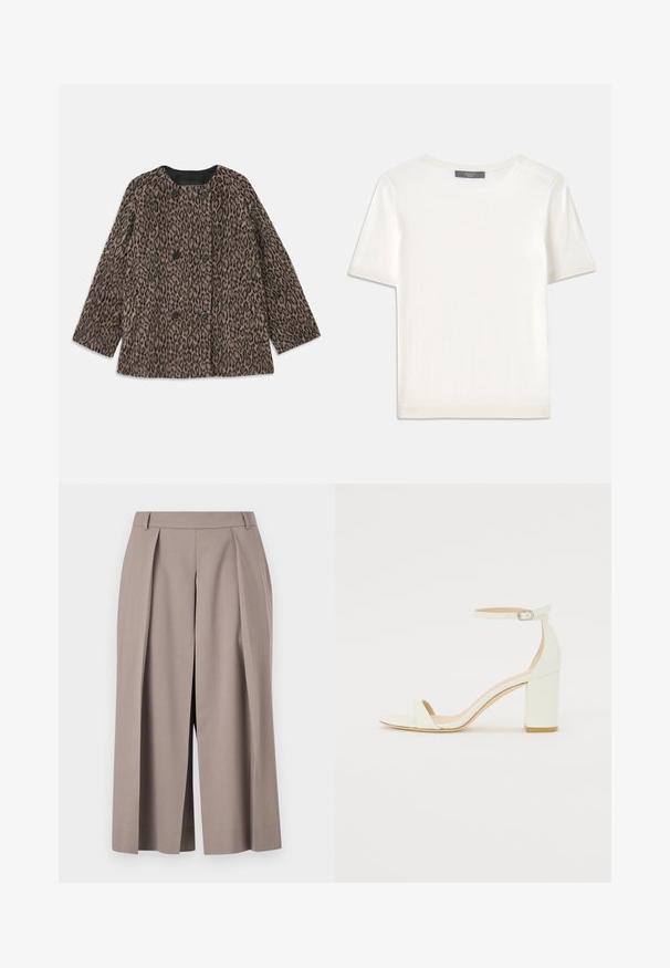 Płaszcz w panterkę w stylu podwójnie zapiętym, z czarnymi guzikami i okrągłym dekoltem. Wykonany z teksturowanej tkaniny z długimi rękawami.; Biała krótki rękaw dzianinowa bluzka z okrągłym dekoltem, charakteryzująca się gładką teksturą i subtelnymi prążkowanymi akcentami na rękawach oraz u dołu.; Tiger of Sweden MALIAS szary; Białe skórzane sandały na blokowym obcasie z paskiem wokół kostki z klamrą i minimalistycznym wzornictwem. Otwarty przód oraz gładkie tekstury na całej powierzchni.