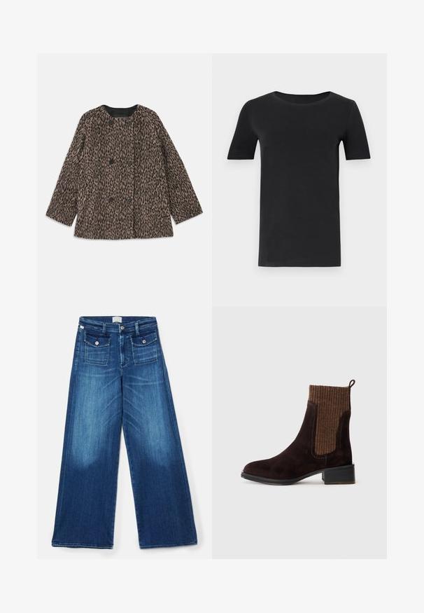 Plašč z leopardjim vzorcem z dvojnim zapenjanjem, črnimi gumbi in zaobljenim ovratnikom. Narejen iz teksturirane tkanine s dolgimi rokavi.; Črna kratka majica s kratkimi rokavi, izdelana iz mehkega bombaža, z okroglo ovratnico in klasičnim krojem. Gladka tekstura, brez vzorcev ali okraskov.; Široke jeans hlače v temno modri barvi. Imajo pet žepov, srebrno strojno opremo in gladko teksturo. Tkanina prikazuje subtilno bledenje.; Bordo nubuk gležnjača z teksturiranim rjavim rebrastim pletenim zgornjim delom, gladko površino, nizko blokasto peto in zanko na peti za lažje obuvanje.