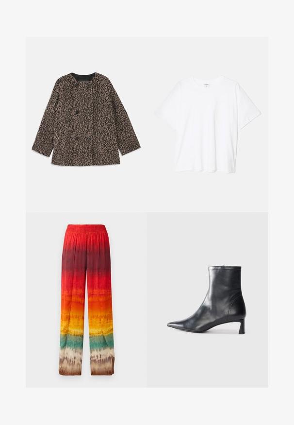 Manteau en imprimé léopard avec un design à double boutonnage, boutons noirs et encolure arrondie. Fabriqué en tissu texturé avec des manches longues.; T-shirt en coton blanc avec des manches courtes, un col rond, une coupe décontractée et un ourlet cousu. Étiquette visible à l'intérieur du col.; Pantalons larges avec un motif dégradé en rouge, orange, jaune et vert. Fabriqués en tissu lisse et léger avec une taille élastique.; Bottine en cuir noir avec un bout pointu et un design épuré. Présente un petit talon et une fermeture éclair à l'arrière. Texture lisse.