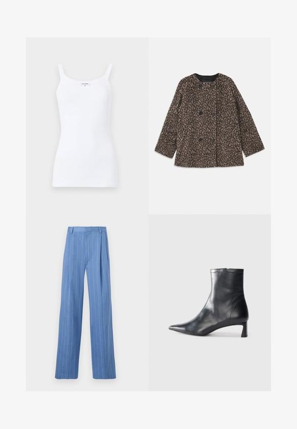 Leopard print coat featuring a double-breasted design, black buttons, and a rounded neckline. Made from a textured fabric with long sleeves.; White ribbed tank top with thin straps, featuring a simple design and a fitted silhouette. Fabric is smooth with slight stretch.; Light blue wide-leg trousers with vertical white stripes. Made of smooth material, featuring a front pleat and a clean waistband design.; Black leather ankle boot with a pointed toe and a sleek design. Features a low heel and a zipper closure at the back. Smooth texture.