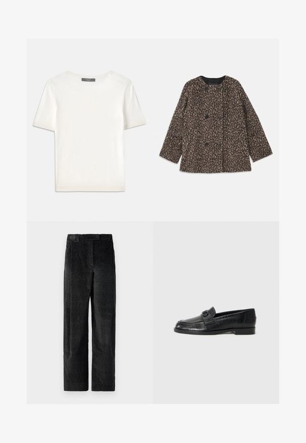 Leoparda rakstura mētelis ar divrindu dizainu, melnām pogām un noapaļotu kaklu. Izgatavots no teksturēta auduma ar garām piedurknēm.; Balta īsām piedurknēm adīta blūze ar apaļu kakla izgriezumu, kurai ir gluda tekstūra un smalki riboti akcenti pie piedurknēm un apakšmalas.; Melnas, teksturētas platajās bikses ar izteiktu audumu, kas ietver priekšējos krokas un plakanu jostasvietu. Klasisks dizains daudzpusībai.; Melnas ādas puszābaki ar gludu virsu, iešūtu lineāru rakstu un dekoratīvu sprādzi uz priekšpuses. Zems, kvadrātveida papēdis.