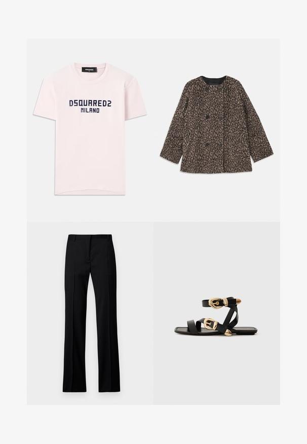 Leopard print coat featuring a double-breasted design, black buttons, and a rounded neckline. Made from a textured fabric with long sleeves.; Pink cotton t-shirt featuring "DSQUARED2 MILANO" printed in navy blue. Classic crew neck design with short sleeves. Smooth texture.; Black straight-leg trousers in smooth fabric, featuring a flat front, belt loops, and no visible pockets or embellishments.; Black leather sandals with gold buckle accents, featuring multiple straps and a flat sole design for open-toe wear.