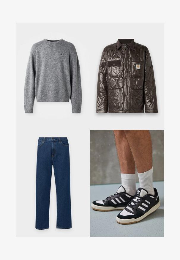 Brūna quiltēta jaka ar spīdīgu materiālu, korduroja apkakli, krūšu kabatu un divām priekšējām kabatām. Iekļauj snap pogas un logo uzlīmi.; Pelēks adīts džemperis ar apaļu kakla izgriezumu, ribotām piedurknēm un apakšmali, kā arī nelielu logotipu uz krūtīm. Mīksta tekstūra un brīvs piegriezums.; Tumši zilas taisnas kājas denim bikses ar priekšējām kabatām un pogu aizdari, izvietotas uz vienkārša baltā fona.; Melnas un baltas kedas ar zamša un ādas augšdaļu, kas aprīkotas ar trim baltām svītrām, perforētu purngali un gumijas zolēm.