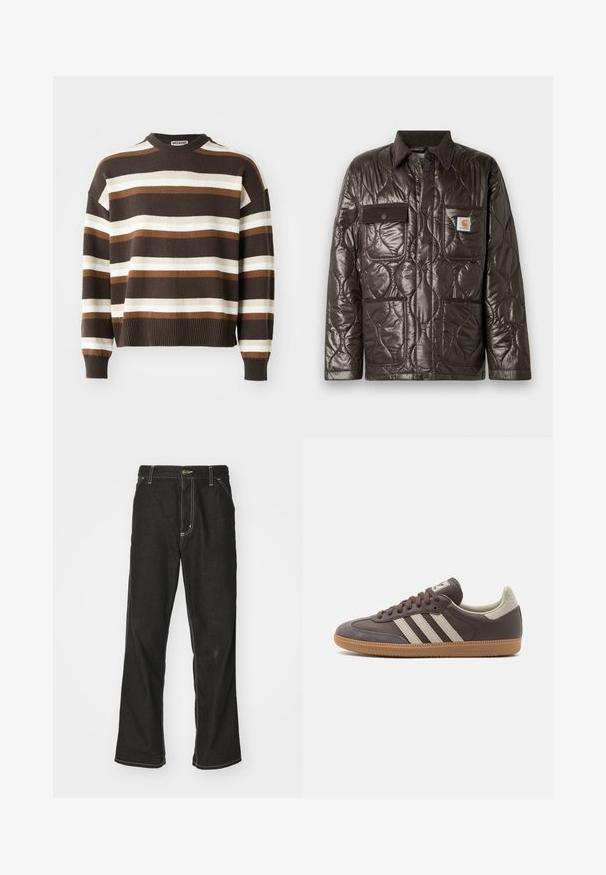 Bruine gewatteerde jas van glanzend materiaal, met een corduroy kraag, borstzak en twee voorzakken. Voorzien van drukknoopsluiting en een logo patch.; Bruine en roomkleurige gestreepte trui met een ronde halslijn, geribbelde manchetten en onderrand, met een ontspannen pasvorm en zachte textuur.; Zwarte denim jeans met een losse pasvorm, voorzien van contrasterende witte stiksels, een knoopsluiting en een recht ontwerp.; Bruine leren sneaker met drie lichtgekleurde strepen, rubberen gumzool, ronde neus en gestructureerde nubuck accenten op de hiel en neus.