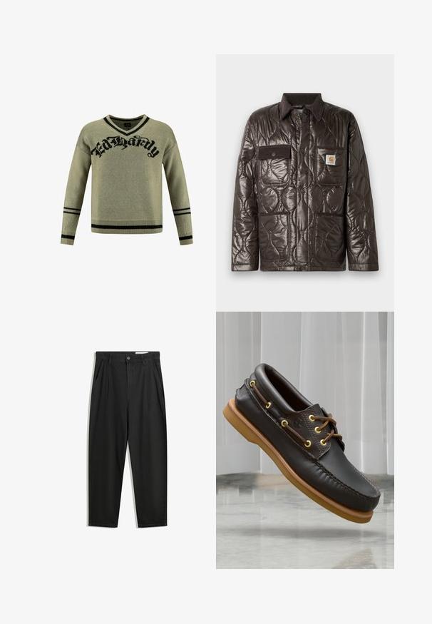 Giacca marrone trapuntata in materiale lucido, colletto in velluto a coste, tasca sul petto e due tasche frontali. Presenta bottoni a pressione e una patch con logo.; Maglione verde lavorato a maglia con logo grafico "Ed Hardy" nero, design a V e dettagli a strisce nere sui polsini e sull'orlo.; Pantaloni in cotone neri con una vestibilità rilassata, dotati di una vita classica, pieghe frontali e tasche laterali. Tessuto liscio senza fantasie.; Scarpe da barca in pelle marrone con design imbottito, occhielli gialli, lacci marroni e suola in gomma beige; presentano dettagli di cucitura intricati.