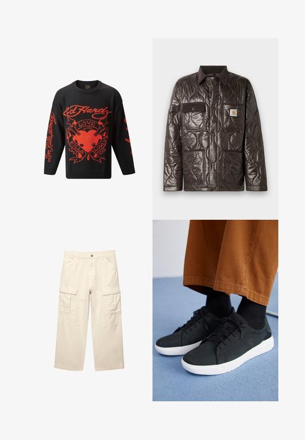 Bruine gewatteerde jas van glanzend materiaal, met een corduroy kraag, borstzak en twee voorzakken. Voorzien van drukknoopsluiting en een logo patch.; Zwarte gebreide trui met opvallende rode grafische ontwerpen, waaronder de woorden "Love Kills Slowly" en een hartmotief. Ronde hals en lange mouwen.; Beige cargobroek van katoen, met twee zijzakken, rechte pijpen en gestikte details. Lijkt lichtgewicht en duurzaam.; Zwarte suède sneakers met witte rubberen zolen, voorzien van een vetersluiting ontwerp, textuuraccenten en subtiele branding, gedragen met bruine broeken.