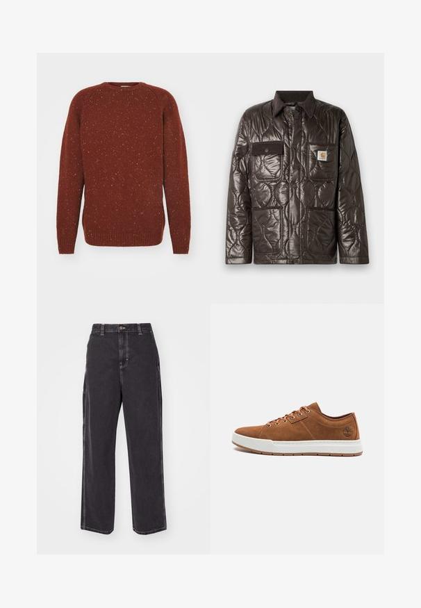 Braune gesteppte Jacke aus glänzendem Material, mit Cordkragen, Brusttasche und zwei Fronttaschen. Enthält Druckknöpfe und ein Logo-Patch.; Carhartt WIP ANGLISTIC - Strickpullover - speckled offroad; Schwarze Denim-Hose mit lässiger Passform, mit kontrastierendem weißen Nähten und einem Knopfverschluss. Gerader Schnitt, keine zusätzlichen Taschen.; Braune Wildleder-Sneaker mit weißer Gummisohle, runder Zehenform, sechs Metallösen und geprägtem Logodetail an der Seite. Klassisches Schnürdesign.