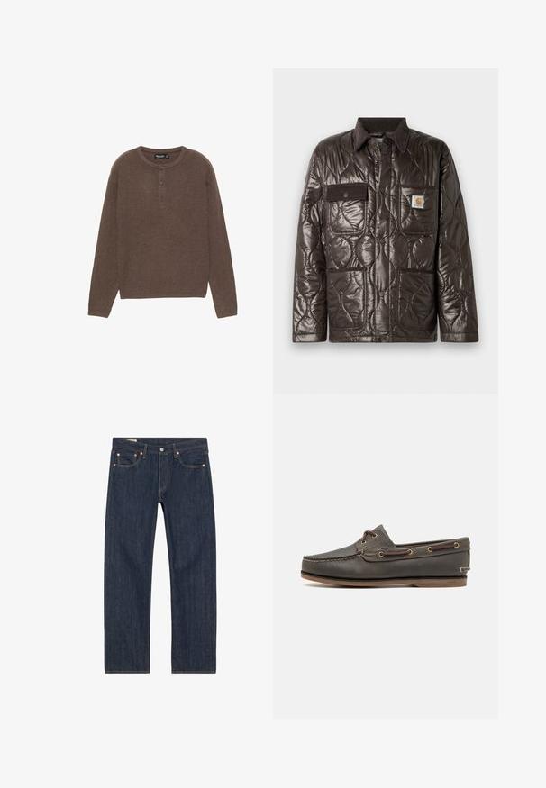 Braune gesteppte Jacke aus glänzendem Material, mit Cordkragen, Brusttasche und zwei Fronttaschen. Enthält Druckknöpfe und ein Logo-Patch.; Braunes geripptes Strickoberteil mit langen Ärmeln, rundem Halsausschnitt und einer Drei-Knopf-Leiste. Hat einen geraden Schnitt und eine weiche Textur.; Dunkelblaue Jeans aus Denim mit geradem Schnitt, versehen mit Kupferrivets, gelben Nähten und frontalen Taschen. Glatte Textur mit minimalen Designdetails.; Dunkelbraune Lederbootsschuh mit niedrigem Profil, ausgestattet mit Messingösen und kontrastierendem Stich, flacher Gummisohle und strukturiertem Finish.