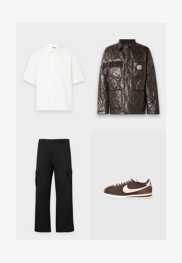 Jachetă maro, matlasată, din material lucios, cu guler din catifea, un buzunar pe piept și două buzunare frontale. Are capse și o eticheta cu logo.; Cămașă cu mânecă scurtă, cu nasturi, din bumbac alb murdar. Are o rever și un buzunar pe pieptul stâng, cu un design simplu și o textură moale.; Pantaloni cargo negri cu un design drept. Confectionati dintr-un material durabil, avand doua buzunare laterale cu clapete si un sistem de inchidere cu nasture.; Tenisi maro, cu un amestec de materiale suede și pânză, având un logo alb Nike swoosh și o talpă texturată din cauciuc.