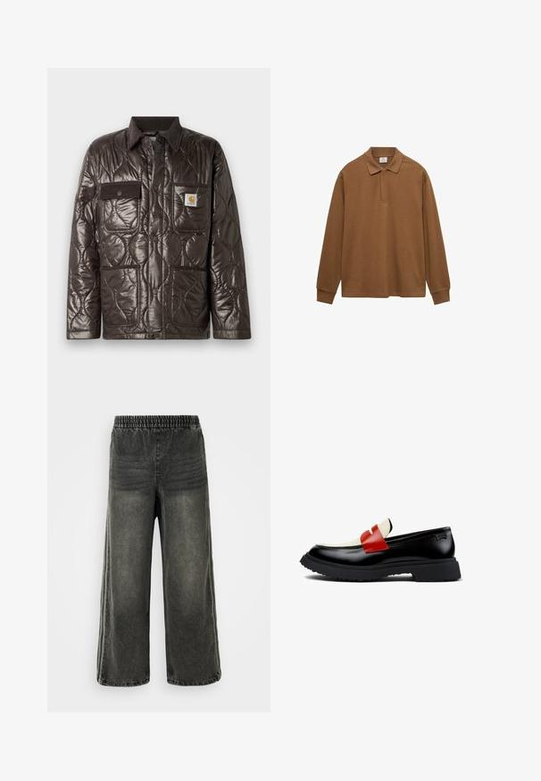 Bruine gewatteerde jas van glanzend materiaal, met een corduroy kraag, borstzak en twee voorzakken. Voorzien van drukknoopsluiting en een logo patch.; Bruine longsleeve polo shirt gemaakt van katoen, met een kraag, knoopsluiting en geribbelde manchetten; gladde textuur en relaxte pasvorm.; Zwart gewassen denim broek met elastische tailleband en brede pijpen, met subtiele verticale naaddetails aan de zijkanten.; Zwarte leren instappers met een witte en rode strik, rubberen profielzool en contrasterende stiksels. Strak ontwerp met een platte hak.