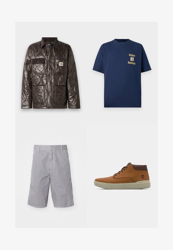 Rjava prešita jakna z sijočim materialom, pelzgornim ovratnikom, žepom na prsih in dvema sprednjima žepoma. Ima tudi pritisne gumbe in značko z logotipom.; Navy modra bombažna majica s kratkimi rokavi, z zlatim napisom "Carhartt University" in logotipom na levem prsnem delu.; Sive bombažne hlače s gumbom, ravnim sprednjim delom, stranskimi žepami in ravnim krojem. Mehka tekstura in sproščeno prileganje.; Rjave usnjene gležnjarje s gladko teksturo, okroglo toe, vezalno zasnovo in svetlo bež podplat. Vsebuje majhen logotip drevesa na straneh.