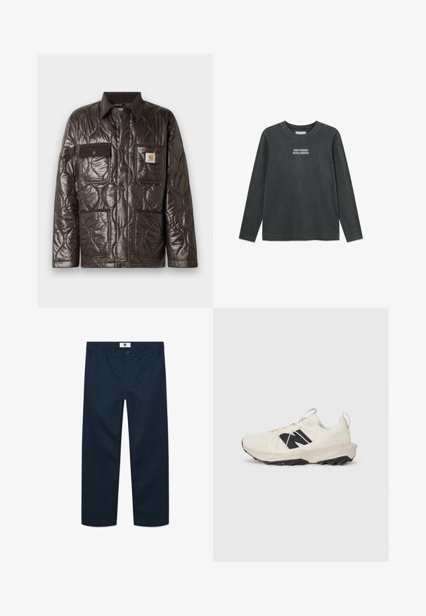 Giacca marrone trapuntata in materiale lucido, colletto in velluto a coste, tasca sul petto e due tasche frontali. Presenta bottoni a pressione e una patch con logo.; T-shirt a maniche lunghe in cotone nero con la scritta "INTELLIGENZA NON UMANA" in bianco. Collo a giro con bottoni sulle spalle.; Chino in cotone blu navy con taglio dritto, caratterizzati da chiusura frontale con bottone, due tasche laterali e design minimalista.; Sneaker beige chiaro con tomaia in rete, logo nero e suola testurizzata. Accompagnato da un motivo geometrico sulla suola intermedia.