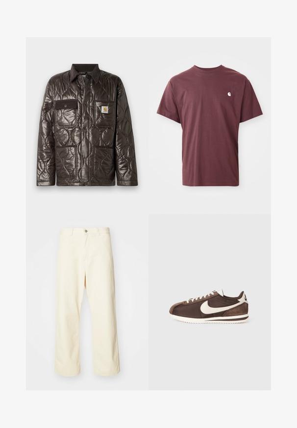 Veste matelassée marron en matériau brillant, col en velours côtelé, poche poitrine et deux poches avant. Dotée de boutons-pression et d'un patch logo.; T-shirt en coton bourgogne à manches courtes, col rond et petit logo blanc sur la poitrine gauche. Texture lisse, coupe décontractée.; Pantalons large en coton de couleur crème, avec une fermeture à bouton, des passants de ceinture et un ourlet cousu. Texture lisse, sans motifs visibles.; Baskets brunes en mélange de daim et de toile, avec un logo Swoosh blanc de Nike et une semelle extérieure en caoutchouc texturé.