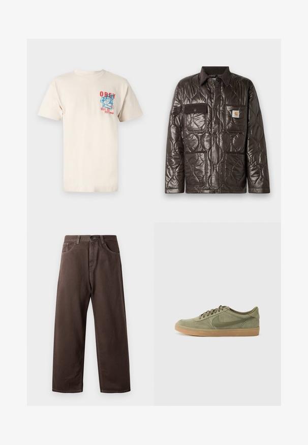 Brūna quiltēta jaka ar spīdīgu materiālu, korduroja apkakli, krūšu kabatu un divām priekšējām kabatām. Iekļauj snap pogas un logo uzlīmi.; Krējuma krāsas kokvilnas T-krekls ar īsām piedurknēm, uz kura krūtīm ir sarkana un zila grafiska uzraksts: "Pakļaujies, dari mākslu, nevis karu".; Brūnas platās bikses, izgatavotas no kokvilnas, ar klasisko piecu kabatu dizainu, ar rāvējslēdzēju un redzamām šuvju detaļām.; Zaļas zamšādas sporta kurpes ar gumijas zoli, apaļu pirkstu daļu un auklu dizainu. Iezīmē Nike raksturīgā logo tumšākā zaļā krāsā.