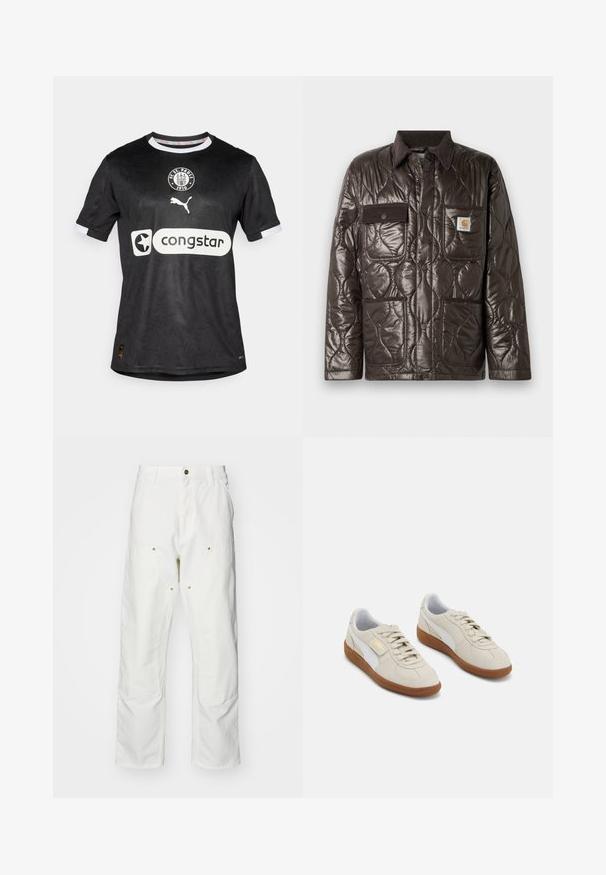 Brūna quiltēta jaka ar spīdīgu materiālu, korduroja apkakli, krūšu kabatu un divām priekšējām kabatām. Iekļauj snap pogas un logo uzlīmi.; Melnā futbola krekls ar smalku rakstu, baltas akcents uz piedurknēm un Puma un Congstar logotipi priekšpusē.; Baltas kokvilnas kargo bikses ar brīvu piegriezumu. Iezīmes ietver priekšējās kabatas, zeltītas detaļas un pastiprinātas ceļa daļas.; Beige zamšveida sporta apavi ar baltām ādas akcentiem un brūniem gumijas zole. Iespējas: apaļa purngala forma, šņorēšana un zelta logo sānos.
