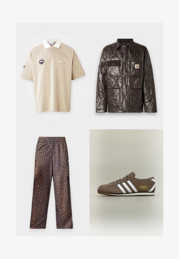 Bruine gewatteerde jas van glanzend materiaal, met een corduroy kraag, borstzak en twee voorzakken. Voorzien van drukknoopsluiting en een logo patch.; Beige polo shirt met korte mouwen, witte kraag, knopenlijst, merklogo op de borst en een ronde patch aan de linkerkant.; Luipaardprint broek met een elastische tailleband. Gemaakt van een glanzende stof, met een bruine basis en zwarte vlekken en een losse pasvorm.; Bruine suède sneaker met drie witte strepen, platte rubberen zool, ronde neus en een gouden "adidas Italia" logo aan de zijkant.