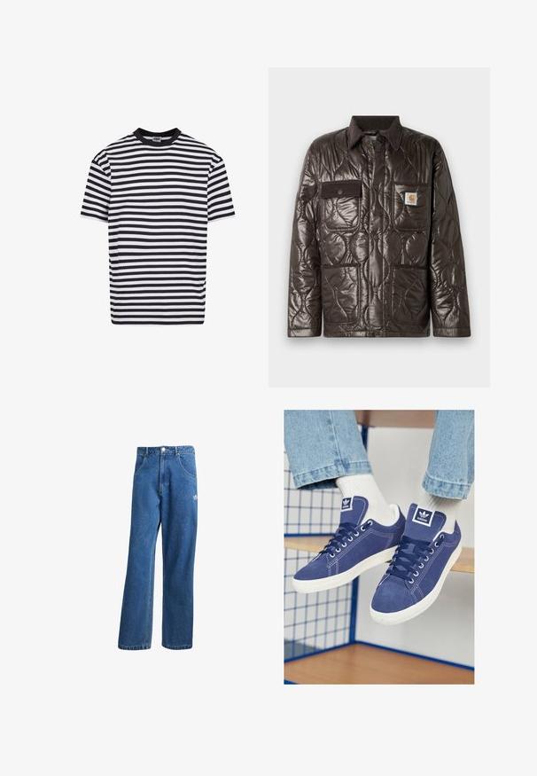 Brūna quiltēta jaka ar spīdīgu materiālu, korduroja apkakli, krūšu kabatu un divām priekšējām kabatām. Iekļauj snap pogas un logo uzlīmi.; Melnas un baltas horizontālās svītras īsām piedurknēm T-krekls ar melnu apkakli, zīmola Urban Classics, izmērs vidējais.; Zilas augsta vidukļa platas kāju džinsu bikses ar priekšējiem kabatām, jostas cilpām, pogu aizdari un mazu Adidas logo labajā augšstilbā.; Jūras zila Adidas sporta apavi no zamšādas ar baltu gumijas zoli, apaļām purngaliem un logo uz mēles. Redzamas spilgti baltas zeķes.