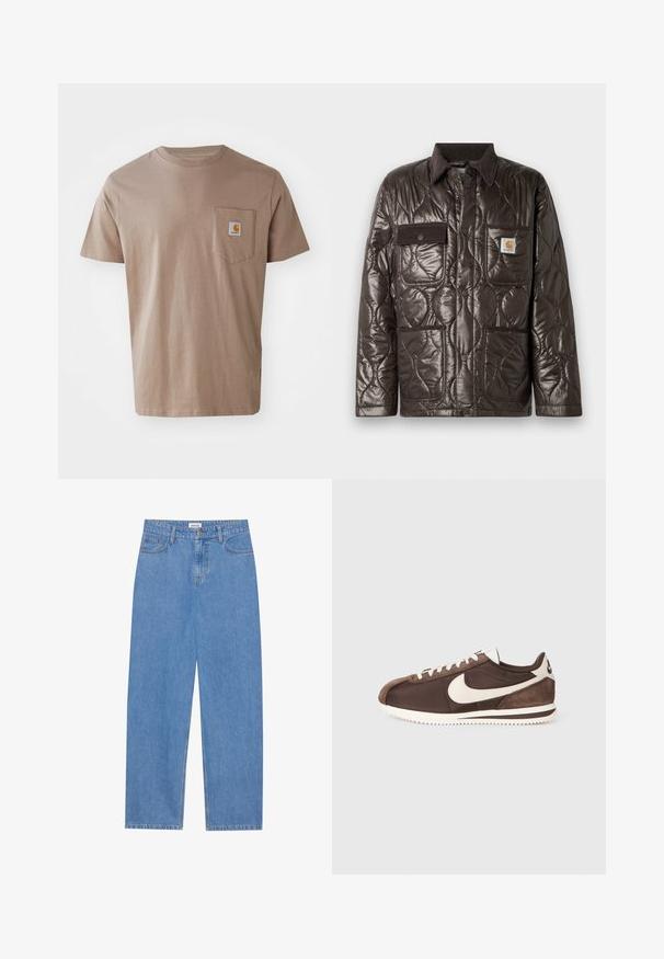 Brūna quiltēta jaka ar spīdīgu materiālu, korduroja apkakli, krūšu kabatu un divām priekšējām kabatām. Iekļauj snap pogas un logo uzlīmi.; Brūns kokvilnas T-krekls ar īsām piedurknēm, ar krūšu kabatu un logo uzlīmi. Gluda tekstūra, standarta apļa izgriezums, brīvs piegriezums.; Gai zili džinsi ar taisnu piegriezumu, piecu kabatu dizainu, vienu pogu aizdari un diskrētu šuvju detaļu.; Brūni sporta apavi, kas veidoti no miksa zamšiem un auduma, ar baltu Nike žaketu un strukturētu gumijas zoli.