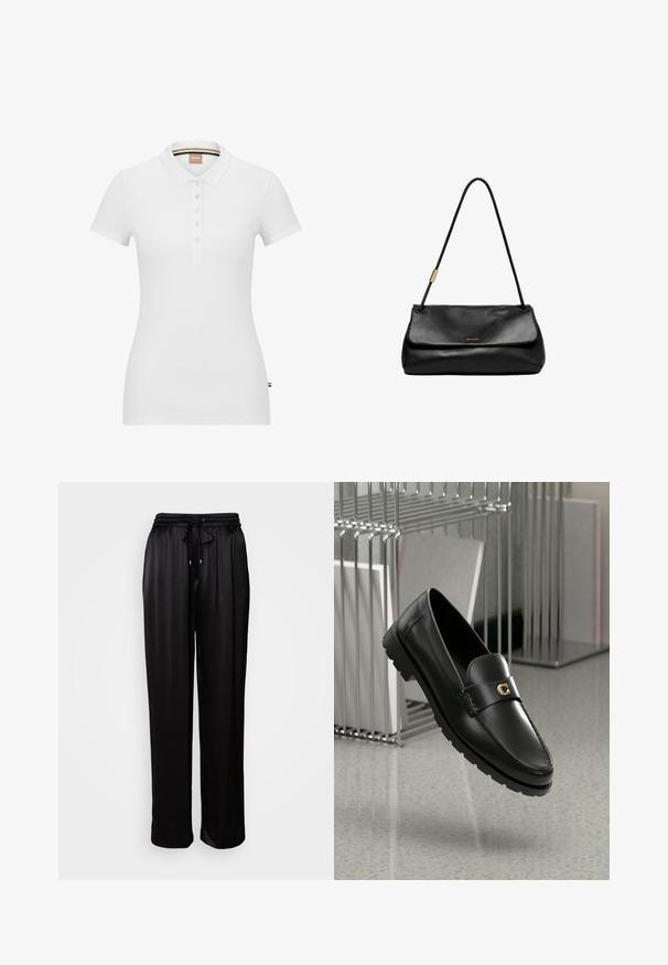 Samsøe Samsøe Mantel - phantom; Zwarte lange mouwen trui met een V-hals en kraagontwerp. Gemaakt van een zachte stof, met ribgebreide manchetten en zoom voor extra textuur.; Witte polo shirt van katoen, met korte mouwen, een kraag en een knoopsluiting. Subtiel merkembleem geborduurd op de borst.; Zwarte, losse broek met een elastische tailleband en trekkoord, weergegeven tegen een effen witte achtergrond.; Zwarte leren loafers met een verhoogde naad, gouden accentlogo en gestructureerde band. Voorzien van een dikke, duurzame rubberen zool.; Zwarte leren handtas met een opklapbare klep, slanke schouderriem en gouden hardware accenten. Gladde textuur met een minimalistisch ontwerp.