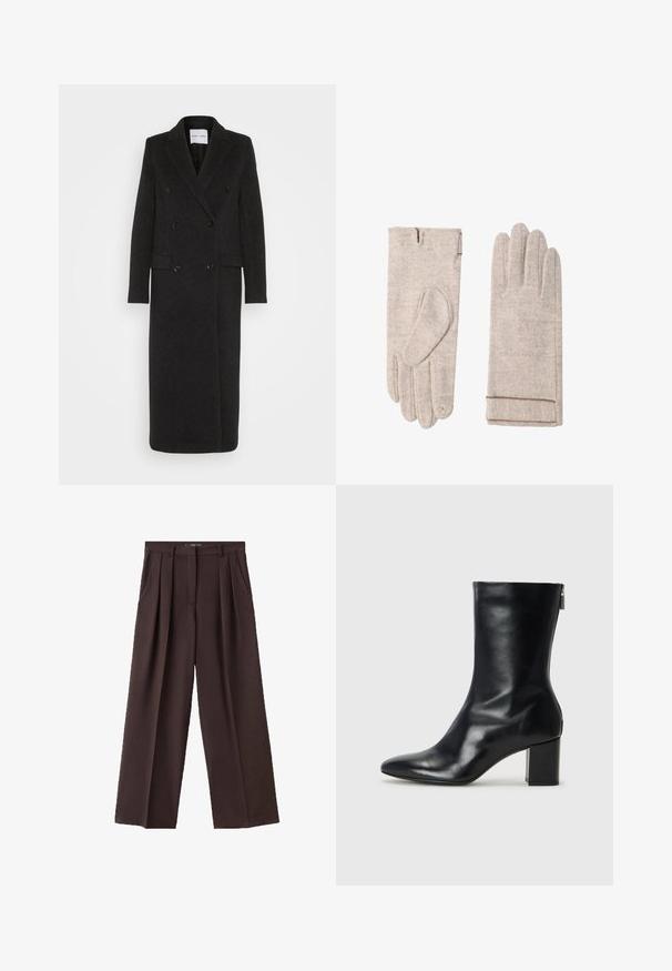 Samsøe Samsøe Klasický kabát - phantom; Čierny, hrubý pletený sveter s vysokým, rebrovaným rolákom a dlhými rukávmi. Mäkká textura, rovným strihom a bez viditeľných vzorov či ozdôb.; Hnedé široké nohavice z textilnej látky, ktoré majú predné záhyby, bočné vrecká a klasický dizajn pásu.; Čierne kožené členkové topánky s špicatou špičkou a blokovým podpätkom vysokým 4 cm. Elegantný dizajn obsahuje bočný zips pre jednoduché obúvanie. Hladká textúra.; Béžové vlnené rukavice s textúrovanou tkaninou. Jeden rukavica má jedinečný dizajn palca. Manžety majú kontrastný lem pre zvýraznenie detailu.