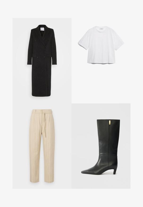 Samsøe Samsøe Mantel - phantom; Witte katoenen T-shirt met korte mouwen, ronde halslijn, losse pasvorm en geen zichtbare patronen of afbeeldingen. Effen textuur en eenvoudig ontwerp.; Beige gestreepte broek met een relaxte pasvorm, voorzien van een geplooid taille, knoopsluiting en strikceintuur, gemaakt van lichtgewicht stof.; Zwarte leren kniehoge laars met een spitse neus en een kleine hak. Beschikt over een slank ontwerp met een gouden accentdetail. Gladde textuur.