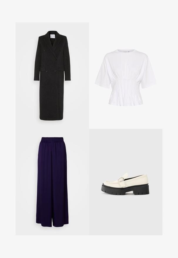 Samsøe Samsøe - Klasyczny płaszcz; Biała, krótki rękaw, bluzka wykonana z miękkiego materiału, z okrągłym dekoltem i marszczeniami w talii, co zapewnia dopasowany wygląd.; Fioletowe spodnie z szerokimi nogawkami i elastycznym paskiem. Miękka tkanina o gładkiej fakturze. Długość do ziemi, odpowiednie do codziennego noszenia.; Białe skórzane mokasyny z grubą czarną platformą, z prostokątną srebrną klamrą i widocznym przeszyciem na cholewce.