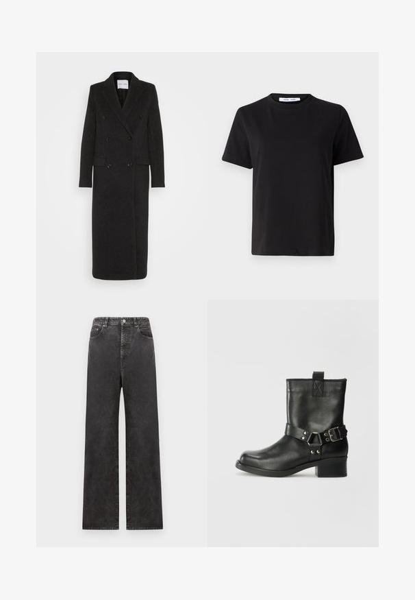 Samsøe Samsøe Klasikinis paltas - phantom; Juodas trumpas rankovės marškinėliai, pagaminti iš minkštos medvilnės, su apvaliu iškirpimu, laisvu pritaikymu ir lygiu paviršiumi. Nėra matomų raštų ar grafikos.; Plati juodi džinsai su aukštu liemeniu, su priekinėmis kišenėmis, sagčių užsegimu ir šiek tiek nublukusia tekstūra.; Samsøe Samsøe SABRENTA - Kaubojiški / motociklininko stiliaus aulinukai - black