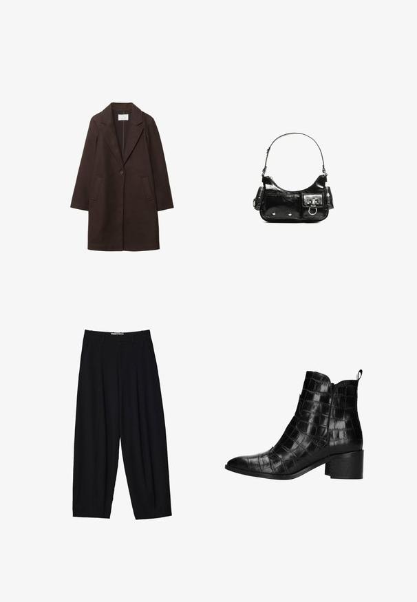 Brown wool coat with a notched collar, single button closure, and two front pockets. Features a tailored silhouette and long sleeves.; Gray knitted sweater with a round neckline, dropped shoulders, and ribbed cuffs. Soft texture and loose-fit design. No patterns or accents.; Black wide-leg trousers made of lightweight fabric, featuring front pleats, a classic waistband, and side pockets. Smooth texture.; Black ankle boots with a crocodile skin pattern, pointed toe, zip closure, and a chunky heel. Smooth, glossy finish.; Black patent leather handbag with a curved shape, one shoulder strap, front pockets, and silver-tone hardware accents.