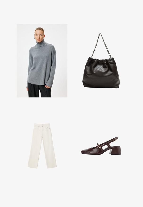 Brauner Wollmantel mit Schalkragen, einer Knopfverschluss und zwei frontalen Taschen. Verfügt über eine taillierte Silhouette und lange Ärmel.; Hellgrauer Rollkragenpullover aus weichem Strickmaterial, mit einem entspannten Schnitt, überschnittenen Schultern und geripptem Ausschnitt, kombiniert mit dunklen Hosen.; Weiße lässige Jeans aus Denim mit hochgeschnittenem Bund, Fronttaschen und Knopfverschluss. Schlichtes Design mit minimalen Akzenten.; Braune Leder Slingback-Pumps mit quadratischer Spitze, ausgeschnittenen Seiten und Blockabsatz. Mit einer Schnalle am Knöchelriemen.; Braune Lederhandtasche mit gerafftem Oberteil und Kettenriemen. Glatte Textur mit glänzendem Finish und subtilen Nahtdetails an den Seiten.
