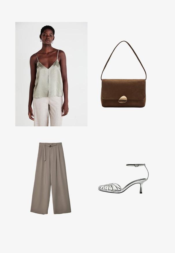 Brązowy wełniany płaszcz z wyprofilowanym kołnierzem, zapinany na jeden guzik, z dwiema przednimi kieszeniami. Posiada dopasowany fason i długie rękawy.; Jasnozielona satynowa koszulka na cienkich ramiączkach, z dekoltem w kształcie litery V i prostym wykończeniem. Połączona z jasnobeżowymi spodniami dla kontrastu.; Spodnie o szerokich nogawkach w miękkim, stonowanym szarym materiale, z paskiem w talii i plisami dla dodania detali projektowych. Gładka tekstura, bez wzorów.; Srebrne sandały na niskim obcasie z paskami, posiadające wiele krzyżujących się pasków, pasek wokół kostki z klamrą oraz gładką, błyszczącą teksturę.; Brązowa zamszowa torba na ramię z zakrzywionym złotym zapięciem i pojedynczym paskiem, prostokątnego kształtu z klapką.