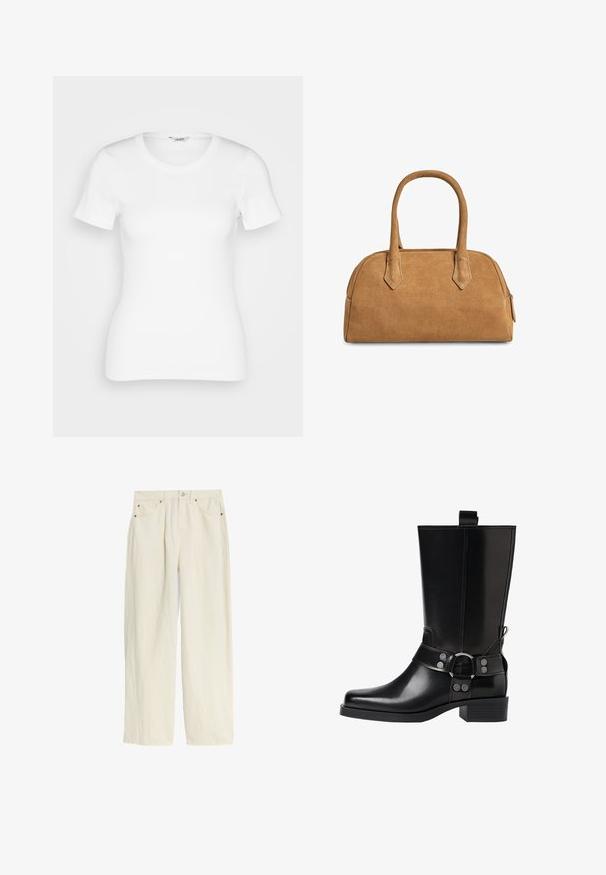 Brun uldfrakke med reverskrave, enkelt knaplukning og to frontlommer. Har en skræddersyet silhuet og lange ærmer.; Hvid bomulds T-shirt med korte ærmer, rund halsudskæring og ribbet tekstur. Tætsiddende design med en glat, ren finish.; Lys cremede, brede bukser lavet af tekstureret stof. Har en knaplukning, metalnitter i kobberfarve og fire lommer.; Sort læderknæhøj støvle med spids tå, sølv spænde detaljer og en robust hæl. Har en trækflap for nem påtagning.; Tan ruskinds håndtaske med en struktureret form, der har to håndtag, trekantede udskæringer og en lynlås på toppen til lukning.
