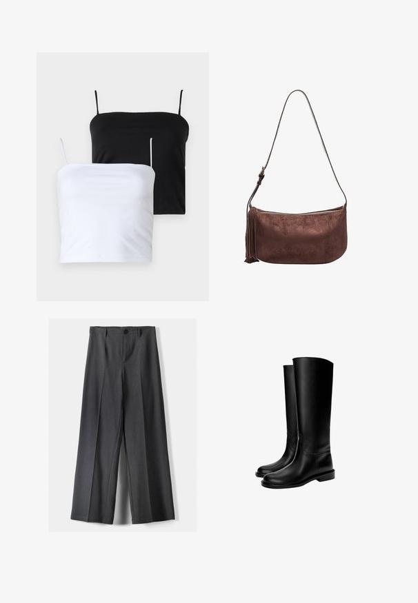 Langer grüner Kunstleder-Trenchcoat mit Krokodil-Prägung, taillierter Taille, breiten Revers und hochrollbaren Ärmeln. Stylisches Design mit glanzvollem Finish.; Zwei taillierte Trägershirts in Schwarz und Weiß. Hergestellt aus weichem Stoff mit dünnen, verstellbaren Trägern. Glatte Textur, schlichtes Design, ohne auffällige Muster.; Weite Beinhosen aus dunkelgrauem Stoff mit Knopfverschluss, vorderen Falten und Gürtelschlaufen. Glatte Textur mit maßgeschneidertem Design.; Schwarze knielange Lederstiefel mit glatter Textur, runder Zehenform, flacher Sohle und minimalistischem Design, mit genähten Nähten und ohne sichtbare Beschläge.; Braune Wildleder-Crossbody-Tasche mit Reißverschluss, geschwungener Form und einem seitlichen Quastendetail. Mit einem verstellbaren Tragegurt für unterschiedliche Längen.