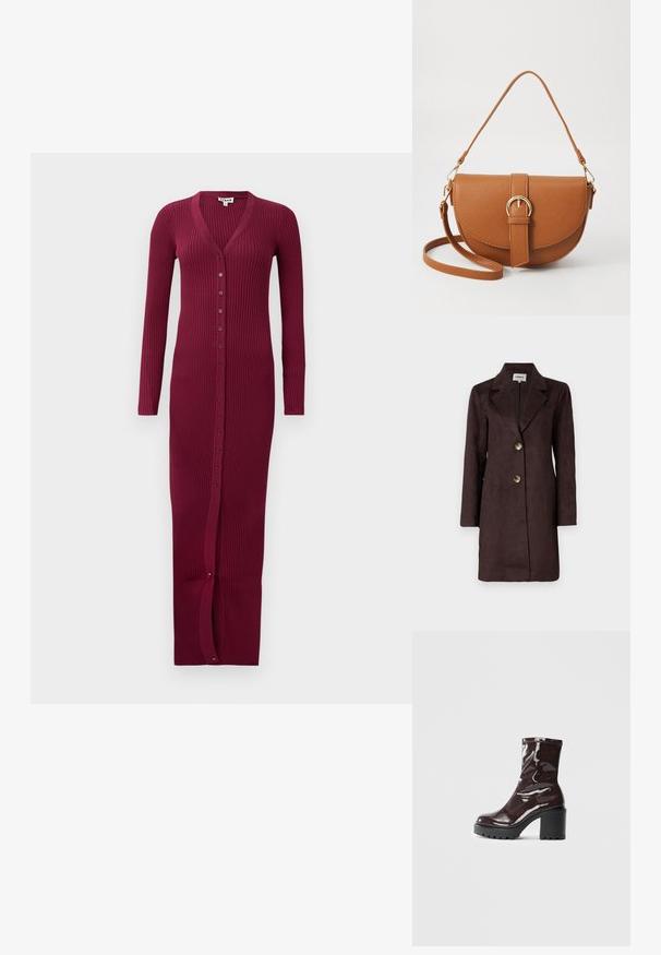 Hnědý semišový dlouhý kabát s vydutými klopami, dvěma velkými knoflíky a rovnou siluetou. Hladká textura s minimalistickým designem.; Burgundská žebrovaná dlouhá kardigan s výstřihem do V, plnými rukávy a předním zapínáním na knoflíky. Obsahuje rozparek na lemu pro lepší pohyb.; Lesklá bordó kotníková bota s masivním černým podpatkem, se hladkým povrchem a jednoduchým designem. Žádné viditelné zapínání ani vzory.; Hnědá kožená křížová taška s zakřiveným tvarem, zlatými detaily a akcentem s přezkou. Obsahuje odnímatelný popruh na rameno.