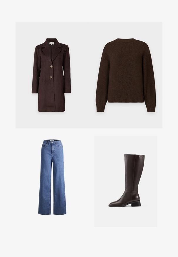 Brun semsket lang frakk med notched lapel, to store knapper og rett silhuett. Glatt tekstur med et minimalistisk design.; Brun strikket genser med lange ermer, rund hals og myk tekstur. Har en avslappet passform og ribbestrikkede mansjetter og kant.; Lyseblå denim vide benbukser med høy midje, to frontlommer og synlig søm. Har knapp- og glidelås-lukking.; Knæhøye brune lærstøvler med glatt finish, rundt tå og stablet svart hæl. Enkelt design med minimale maskinvaredetaljer.