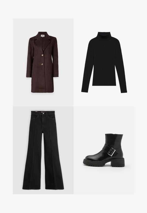 Brown suede long coat featuring a notched lapel, two large buttons, and a straight silhouette. Smooth texture with a minimalist design.; Black turtleneck long-sleeve top, made of ribbed fabric, features a fitted design with a high neckline and no patterns or accents.; Black high-waist wide-leg jeans with front seam detailing, button closure, belt loops, and front pockets on a plain light background.; Black leather ankle boots with a block heel, featuring a decorative strap and buckle detail, textured outsole, and smooth finish.